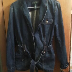 Woman's LRL Lauren Jeans Co. Ralph Lauren Denim Belted Jacket Dark Blue Harbor L